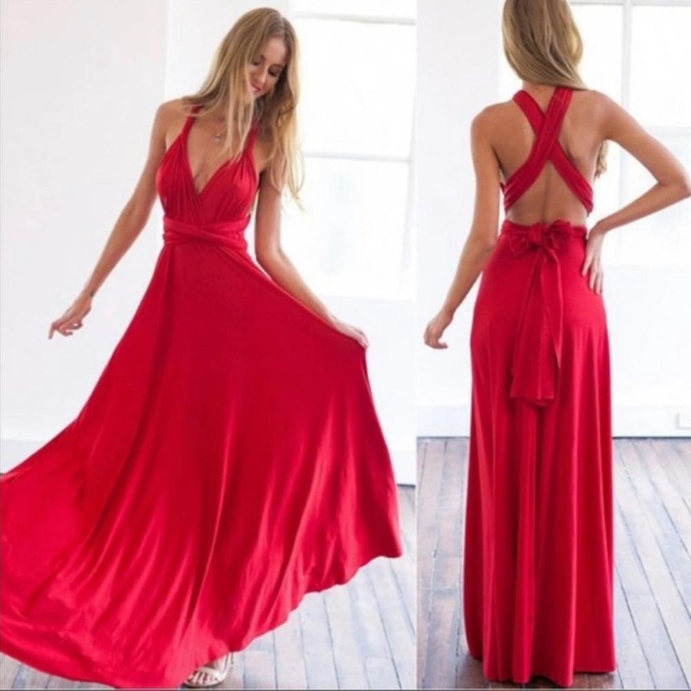 Boutique Long Red Flowing Infinity Convertible Maxi Dress sz S (worn once)